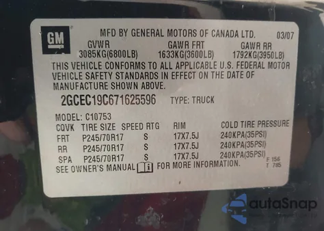 2007 Chevrolet Silverado 1500 Work Truck from USA, damaged, VIN 2GCEC19C671625596